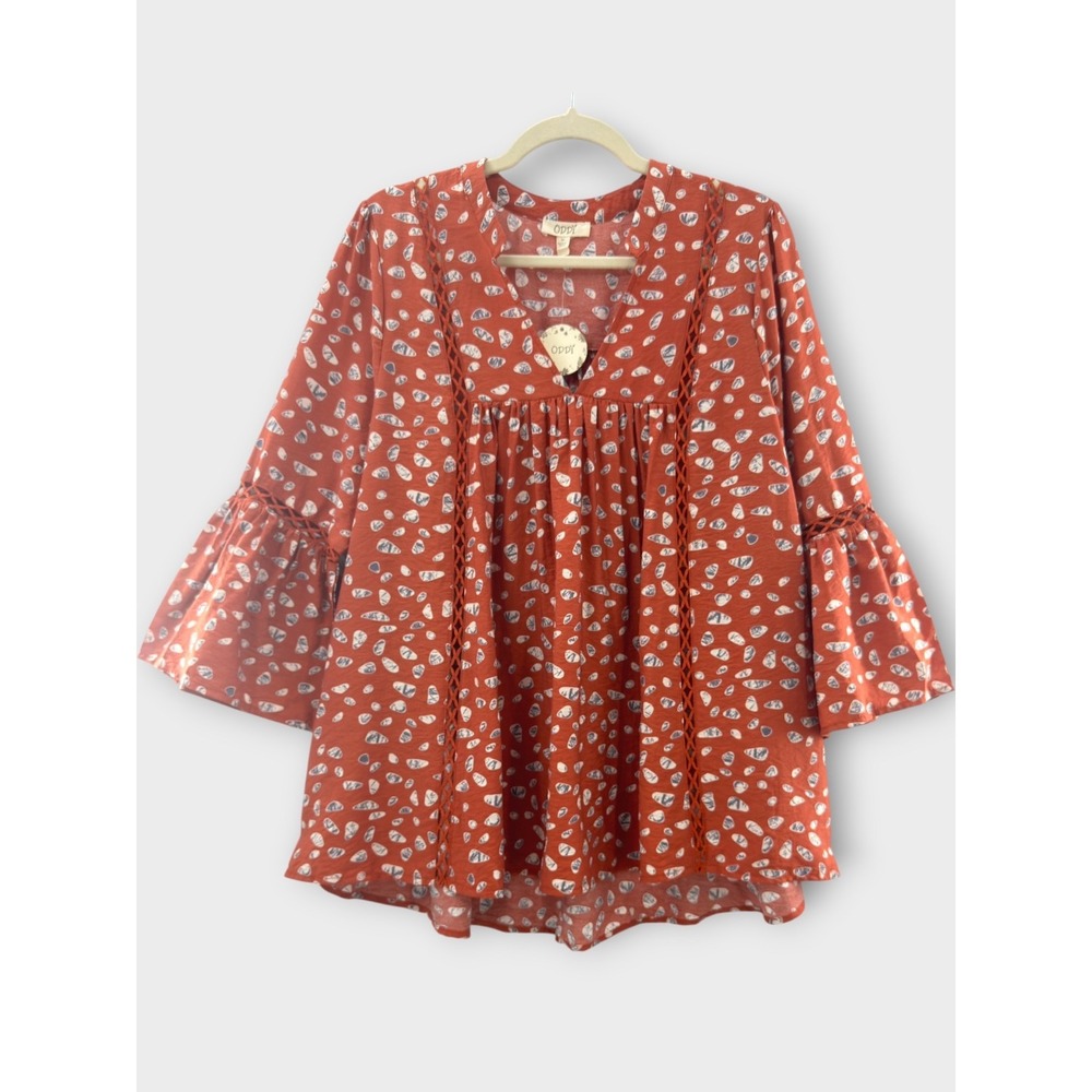 ODDI NWT Pebble Print Boho Peasant Top Medium Rust Bell Sleeve Babydoll Festival